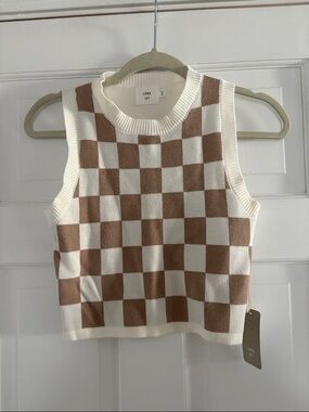 LUNA IVY Cream & Brown Checker Knit Sweater Vest